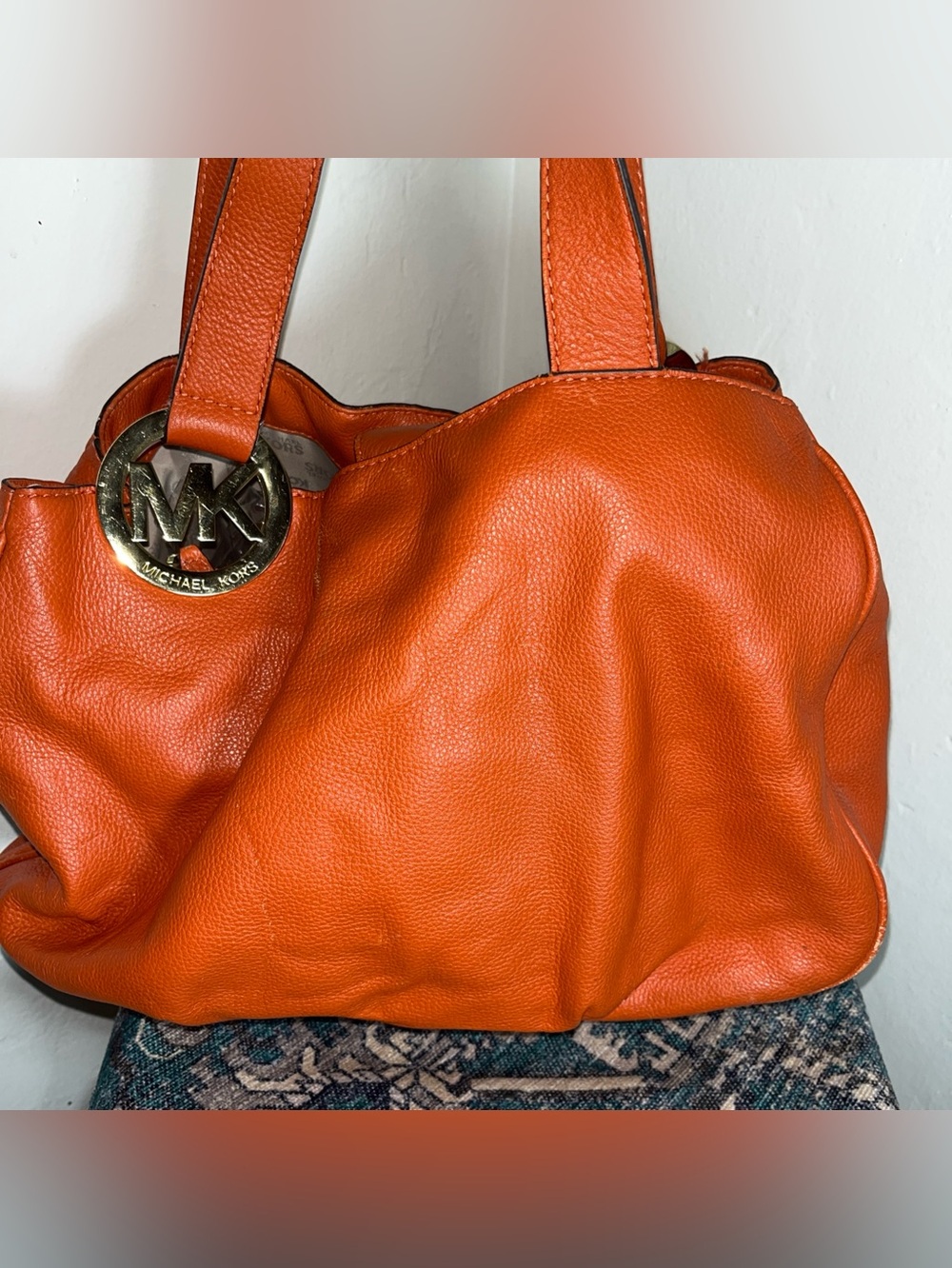 Michael Kors Orange Pebbled Leather Shoulder Bag with Gold MK Charm